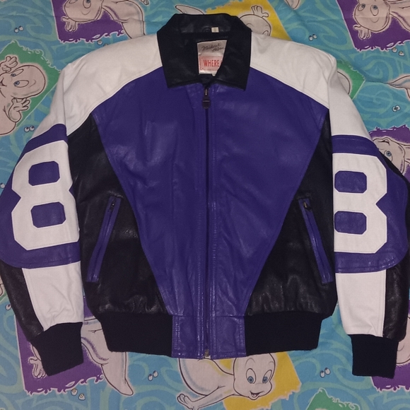 90s Michael Hoban Where MI 8 Ball Black White Purple Leather Jacket Vintage Rap - Picture 2 of 5